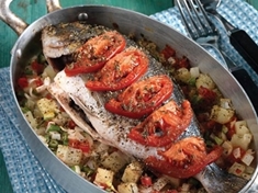 
	Recept na přípravu ryby s rajčaty a orgánem. Dokonalá večeře s vůní moře.
